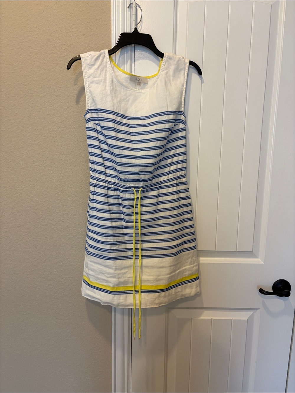 Loft White & Blue Striped linen Dress with Yellow drawstring waist